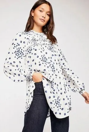 Free People Flowers in Her Hair Tunic Blue Floral Smocked Long Sleeve Top Small thumbnail 1