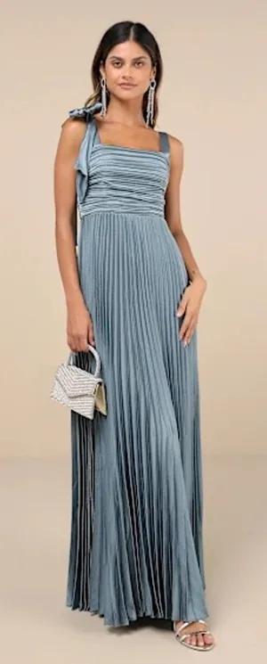 NWT Lulus Blue Gorgeous Purpose Slate Satin Pleated Sleeveless Bow Maxi Dress S thumbnail 1