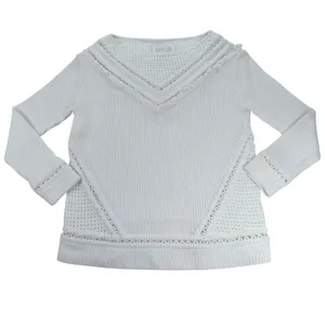 Saylor White Knit Boat Neck Sweater V-Panel Eyelet Fringe Detail Small thumbnail 4