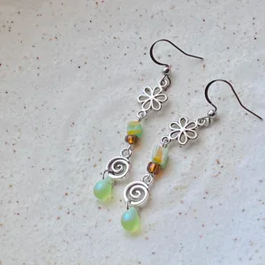 Handmade quality glass beads & flower fairy boho cottage whimsical dangle earrings 💐🍃 thumbnail 4