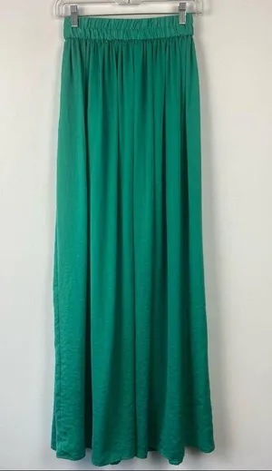 Mango CASUAL Maxi Skirt Green Satin Polyester Floor Length Elastic Waist XS thumbnail 7