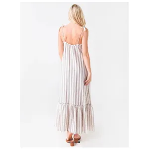 Tory Burch Striped Linen Maxi Dress Brown Cream Tassel Tie Straps 87512 Small thumbnail 10