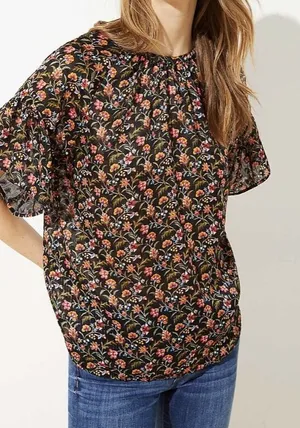 Women's LOFT Black Floral Print Flutter Sleeve Blouse L thumbnail 1