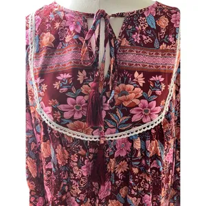 Pretty Garden Boho Cottagecore Blouse Large Pink Floral Tie Neck‎ Peasant Top thumbnail 4