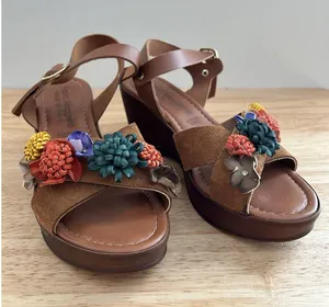 Fabio maggenti brown heel wedge leather flower accent Sz 7 boho floral See De thumbnail 1