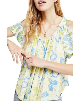 Free People Yellow Baja Babe Printed Cold‎ Shoulder Short Sleeve Top Size XS thumbnail 1