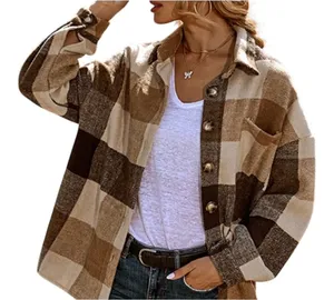 Plaid Shacket Women Large Brown Checkered Button Up Oversized Flannel Cozy Cabin thumbnail 1