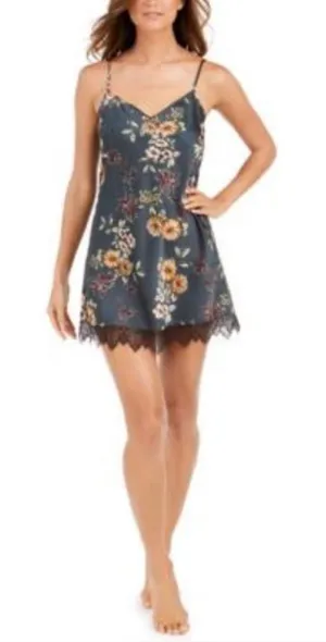 INC International Concepts Silky Chemise Gown Teddy Green Floral Size XS thumbnail 1