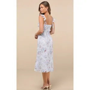Lulus Delightful Direction Blue Floral Ruffled Tie-Strap Midi Dress Small NWT thumbnail 2