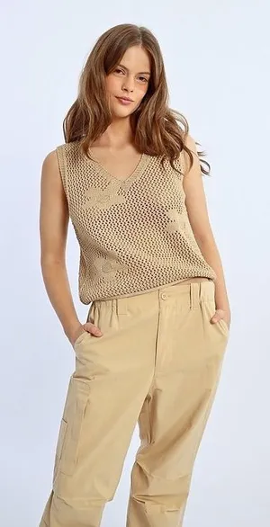 Lili Sidonio Elowen Sweater Vest Women M Beige NEW‎ Crochet Floral Knit V-Neck thumbnail 1