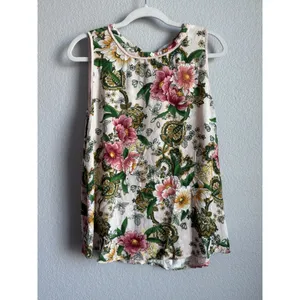 Ann Taylor LOFT Floral Sleeveless Blouse Botanical Cottagecore Boho Top Large Back Tie thumbnail 3
