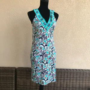 Tracy Negoshian Womens Dress Size XS Teal White Print Tank Bright Bold Preppy‎ thumbnail 8