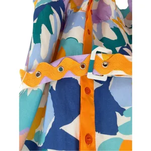 Ultramarine Abstract Print Linen Blend Belted Mini Dress Art Deco Eclectic Mod M thumbnail 5
