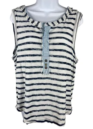 Free People Blue White Nautical Theme Lightly Distressed Sleeveless Top M thumbnail 1