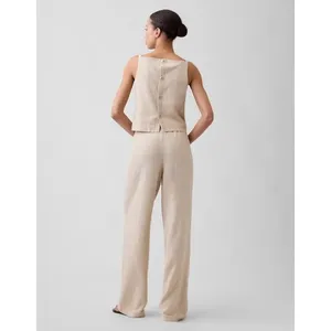 Gap Women's Size 12 Wide Leg Pants Beige Tie Waist Pockets High Rise 100% Linen thumbnail 2