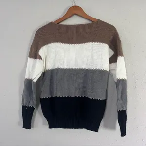 🦋 Striped Tan White Gray Black Sweater Gold Metallic Stitching Fall Casual thumbnail 1