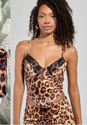 AKIRA Leopard Print Satin Lace Corset Cami Top Plunge Neck Size XL thumbnail 2