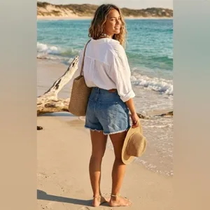 MNG Mango Denim & Tees Cutoff Jean Shorts Medium Wash Coastal Boho Sz 12 thumbnail 2