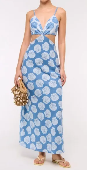 Abercrombie Julia Cutout Tie Back Shell Print Linen Blend Maxi Slip Dress Blue thumbnail 1
