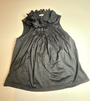 ELIJAH Black Sleeveless Blouse‎ Top with Ruffle Collar and Pleated Detail s thumbnail 1