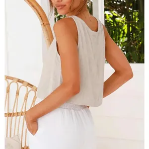 NWT IDEALSANXUN Women's Beige Cotton Linen V-Neck Crop Tank Top Medium thumbnail 2