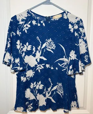 Altar'd State Blue‎ Floral Clip Dot Peplum Blouse Flutter Sleeve Small thumbnail 1