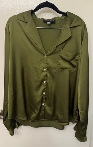 EUC Azazie Olive Green Satin Pajama Top | Ruffled Long Sleeve Sleepwear thumbnail 1