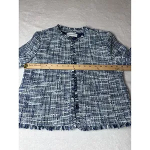 Calvin Klein Womens Blue White Tweed Fringe Open Front Jacket Size 2 Old money thumbnail 8