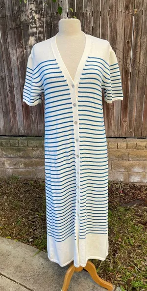 Zara Cream an blue striped Sweater long cardigan maxi dress nautical coastal L thumbnail 1