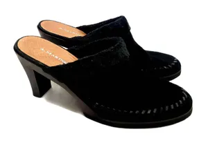 A. Marinelli Black Suede‎ Faux Fur Lined Whipstitch Mules Block Heel Size 8.5M thumbnail 1