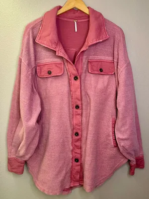 Free People Ruby Oversized Shirt Jacket Pink Shacket Distressed Cotton thumbnail 9