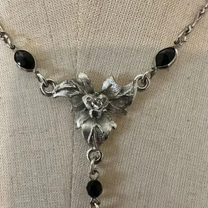 silver tone and black floral rhinestone pendant necklace thumbnail 2