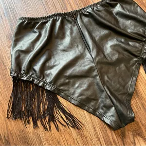 Body Rage Black Faux Leather Fringe Bikini Cut Bottoms Shorts Sz Large thumbnail 8