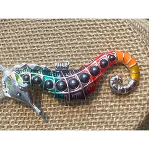 Silver Tone Mesh Chain Necklace Seahorse Pendant Rainbow Enamel Faux Pearls Adj thumbnail 2