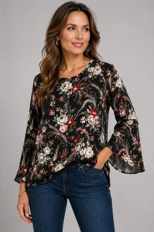 LOFT Black Floral Bell Sleeve Blouse Size M thumbnail 1