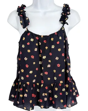 Madewell‎ Silk Floral Ruffle Peplum Cami Tank Top Womens Sz 2 Black Whimsigoth thumbnail 1