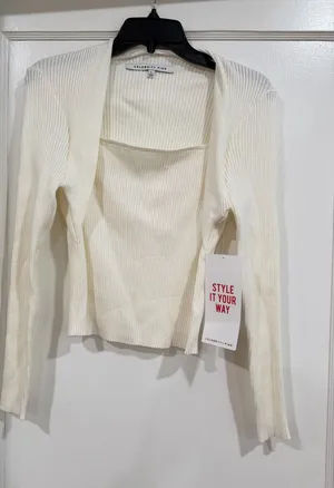 Celebrity Pink Cream Ribbed Open Cardigan with Long Sleeves thumbnail 1