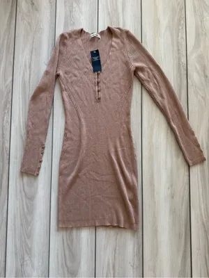 Abercrombie & Fitch Henley Ribbed Button Cuff Sweater Dress Tan Small NWT thumbnail 7
