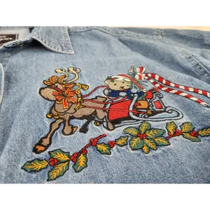 Vintage Embroidered Holiday SOFT Denim Shirt Reindeer Sleigh Bear Teacher Large thumbnail 3