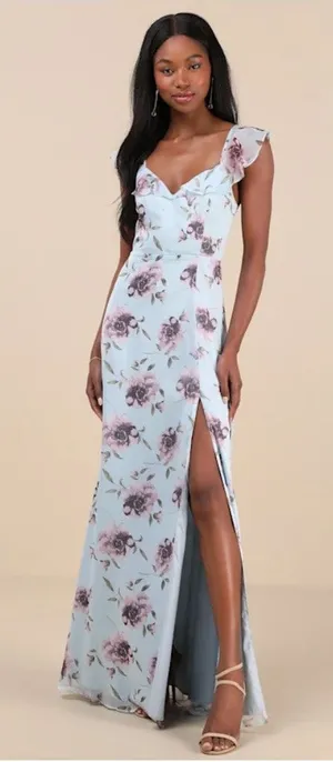 NWT Lulus Sweetest Entrance Light Blue Floral Ruffled Tie-Back Maxi Dress Sz S thumbnail 1