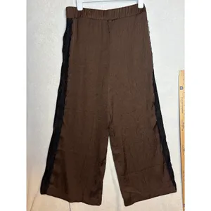 Anthropologie Brown Crinkle Satin Wide Leg Pants Black Lace Trim XL NEW thumbnail 7