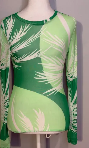 AFRM Green Tropical Palm Print Mesh Long Sleeve‎ Top Small NEW thumbnail 1