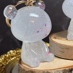 Handmade Glittery Resin Animal Keychains, Rabbit, Deer, Bear with pink glitter, gold thumbnail 3