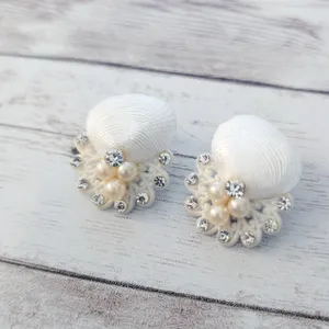 Vintage Clip On Earrings Shell with Faux Pearl & Clear Gems thumbnail 3