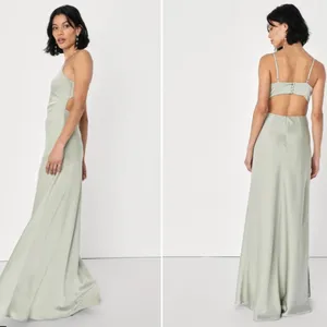 LULU's Bridesmaid Prom Wedding Sexy Open Back Satin Sage Green Maxi Dress thumbnail 4