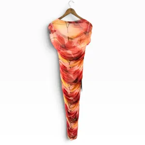 Lulus Sunama Orange Floral Mesh Ruched Bodycon Midi Dress size L NWT thumbnail 3