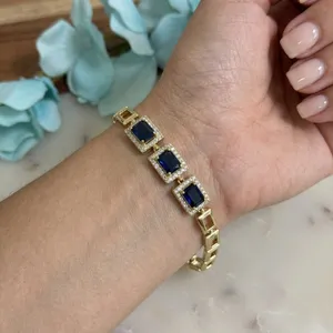 14K Gold Plated XP Link Bracelet Blue Faux Sapphire Emerald Cut Halo 7.25 Inch thumbnail 1