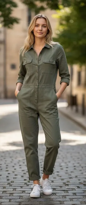 NWT Outerknown Utility Sea Button Front Long Sleeve Jumpsuit Green Medium thumbnail 1