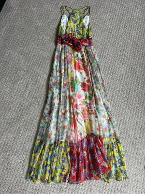 Anthropologie Yellow Floral Pleated Dress with Purple and Teal Accents size 0 thumbnail 4