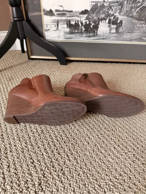 new directions Cognac Brown Vegan Leather Ankle Wedge Booties with Side Zip thumbnail 6